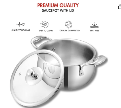 Vinod Belly Shape Platinum Triply Stainless Steel Saucepot - 3.7 Litre, 20cm | Glass Lid | Biryani Pot | Rivetted Handle | Induction & Gas Base - 5 Year Warranty - Image 2